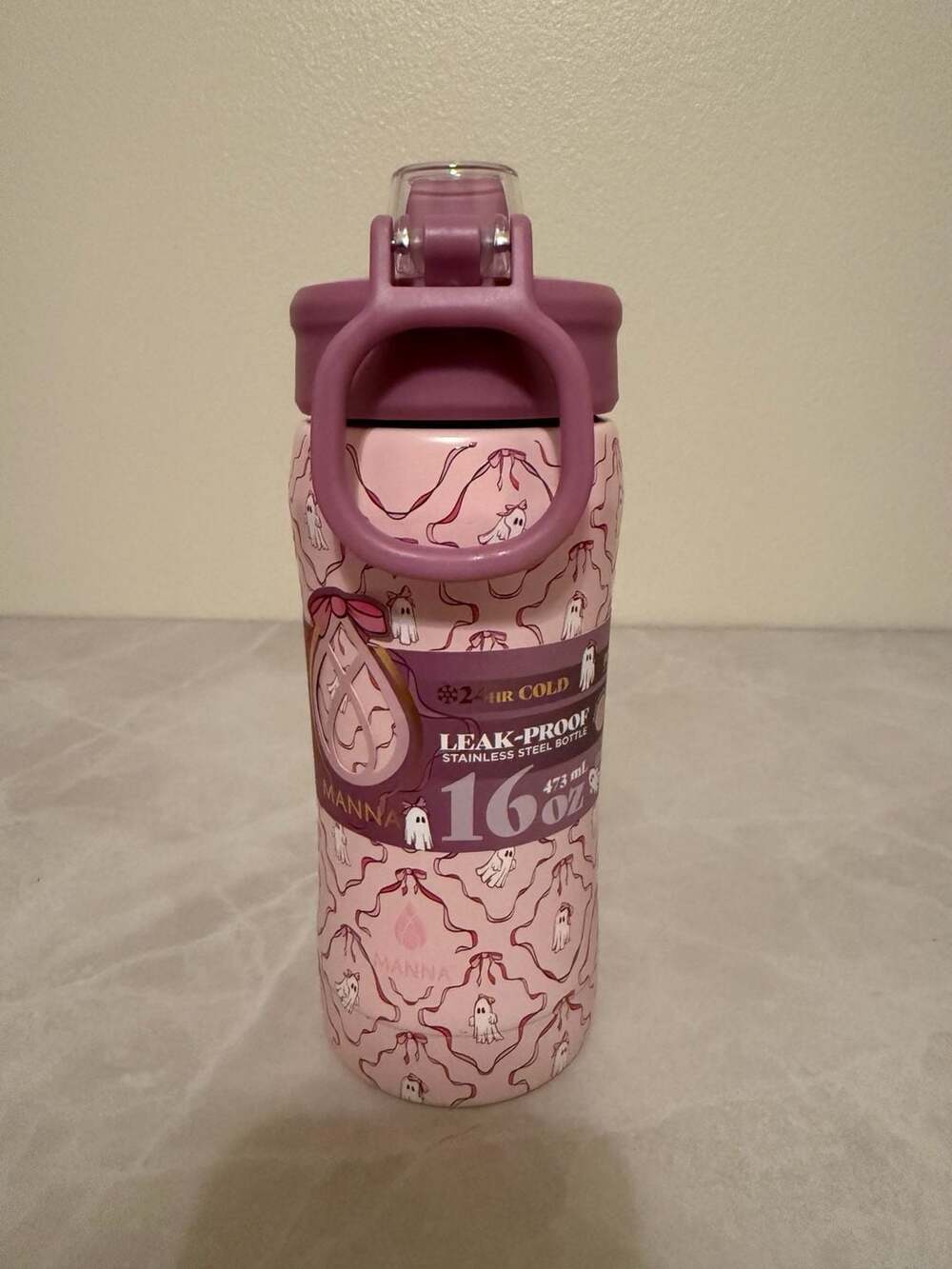 Manna 16 oz Stainless Steel Push Bottle with Ghost and Bow Pattern